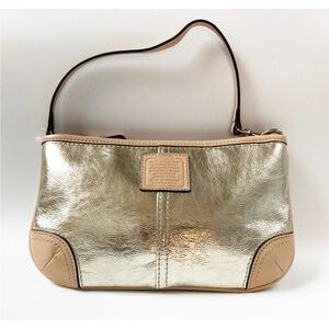 COACH Platinum gold and beige genuine leather small mini shoulder bag / wristlet